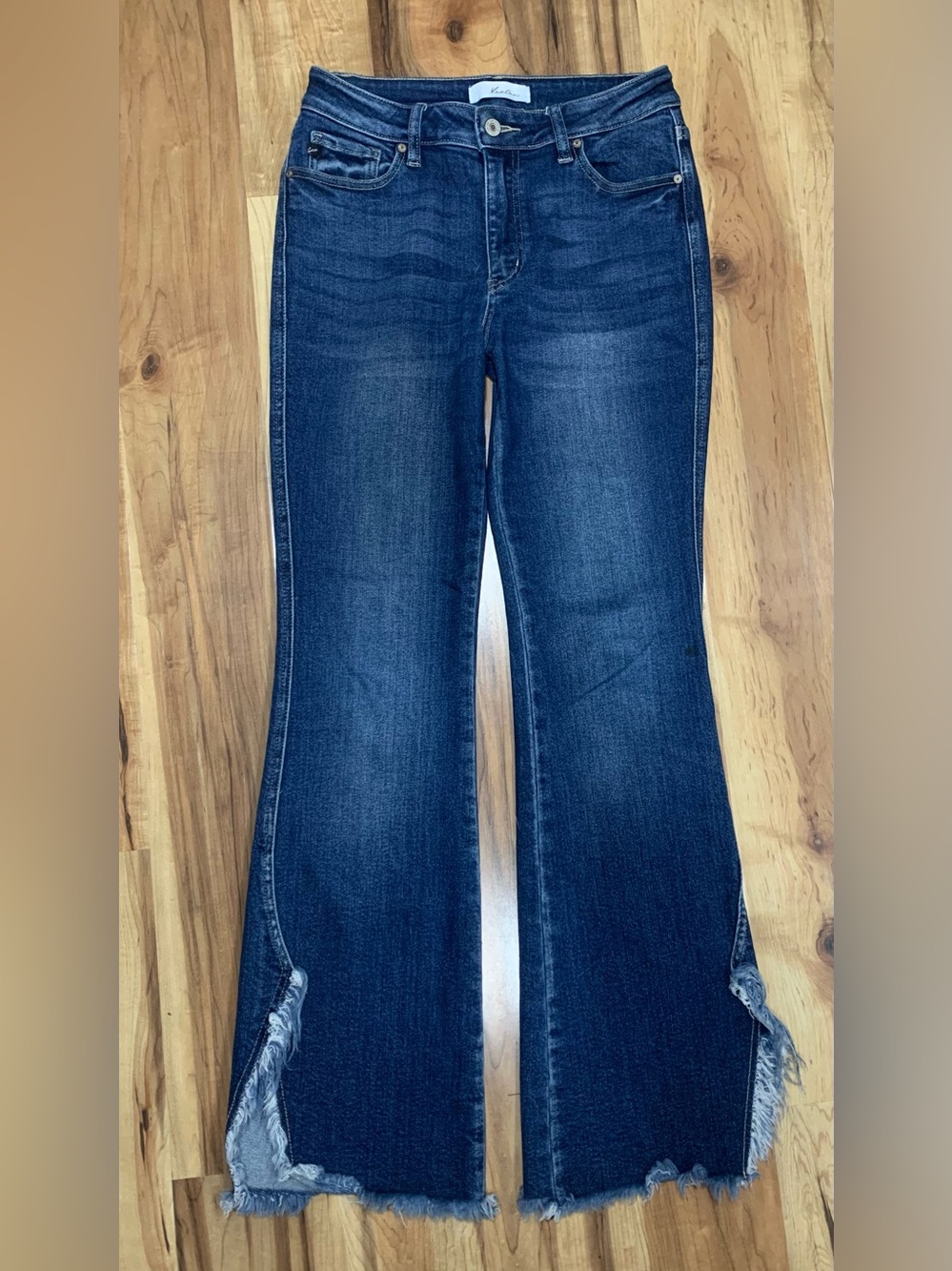 Kancan Jeans Flare Frayed Hem Denim Stretch Mid Rise Womens 9 Festival Farmcore